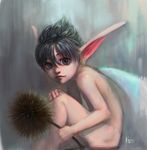  aqua_eyes aqua_hair berserk fairy_wings from_side looking_at_viewer nude pointy_ears puck realistic solo wings 