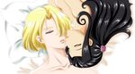  2girls artist_request bare_shoulders bed black_hair breasts collarbone eyes_closed female from_above hair_over_one_eye half_updo highres incipient_kiss lips long_hair lying maria_tachibana multiple_girls mutual_yuri neck nude on_back on_side open_mouth pillow sakura_taisen sakura_taisen_ii shiny shiny_hair short_hair soletta_orihime upper_body upside-down yuri 