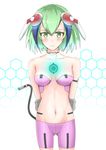  1girl android arms_behind_back bare_arms bare_shoulders bike_shorts black_hair blush bob_cut bra breasts collar dimension_w embarrassed gluteal_fold green_eyes green_hair groin headgear looking_at_viewer markings mechanical_arm midriff multicolored_hair navel pink_bra power_symbol sanpei_(pixiv) short_hair simple_background solo standing streaked_hair sweatdrop tail thighs two-tone_hair underwear white_background yurizaki_mira 