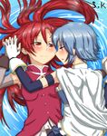  2girls blue_hair brooch cape frills hand_holding jewelry long_hair mahou_shoujo_madoka_magica miki_sayaka multiple_girls red_eyes red_hair s_k_(shiro_karasu) sakura_kyouko short_hair sleeping smile water yuri 