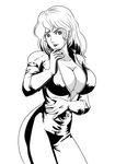  bodysuit breasts cleavage earrings eyelashes gloves highres huge_breasts jewelry kanaman7 lipstick long_hair looking_at_viewer lupin_iii makeup mine_fujiko monochome monochrome simple_background skin_tight solo 