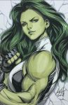  breasts female_superhero green_hair green_skin looking_at_viewer marvel muscles she-hulk thighs 