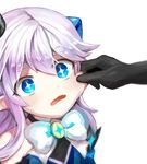  1girl blue_eyes blush bow cheek_pull child ciel_(elsword) crown elsword fang gloves horns loli long_hair luciela_r._sourcream open_mouth pointy_ears simple_background solo_focus sweatdrop symbol-shaped_pupils white_background white_hair 