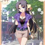  1girl black_hair breasts kurugaya_yuiko large_breasts little_busters! long_hair necklace open_mouth outside purple_eyes ribbon 