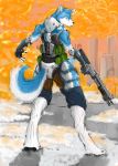  2008 anthro armor banshee_(draco751) barefoot biped black_nose blue_fur blue_hair blue_tail building butt_pose canid canine canis city clothed clothing detailed_background digital_media_(artwork) digital_painting_(artwork) digitigrade domestic_dog full-length_portrait fur gelidien gun hair hi_res holding_object holding_weapon husky male mammal multicolored_fur multicolored_tail outside portrait ranged_weapon rear_view short_hair smoke soldier solo standing two_tone_fur two_tone_tail weapon white_fur white_tail 