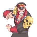  1boy alternate_costume beard capcom empty_eyes evil_grin evil_smile facial_hair fighting_stance goatee grey_hair grin hat looking_at_viewer open_collar simple_background skull smile solo street_fighter street_fighter_v talez01 upper_body vega 