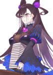  1girl :o bangs black_hair black_legwear blush book breast_rest breasts commentary_request dress eyebrows_visible_through_hair fate/grand_order fate_(series) from_below gem glasses hayashi_kewi holding holding_book large_breasts long_hair long_sleeves murasaki_shikibu_(fate) no_nose puffy_sleeves simple_background solo standing table white_background wide_sleeves wood 