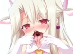  bare_shoulders blush breath ear earrings fate/kaleid_liner_prisma_illya fate_(series) feathers finger_in_mouth gloves hair_feathers heart heart-shaped_pupils illyasviel_von_einzbern jewelry long_hair looking_at_viewer magical_girl mouth_pull open_mouth oral_invitation prisma_illya red_eyes saliva silver_hair simple_background solo soukai_(lemonmaiden) symbol-shaped_pupils teeth tongue tongue_out white_background white_gloves 