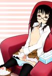  androgynous artist_request black_hair black_legwear flat_chest long_hair masturbation mouth_hold newhalf nipples open_shirt panties panty_pull penis shirt sitting skirt striped striped_panties thighhighs tissue trap underwear urokozuki 