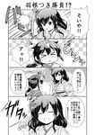  &gt;_&lt; :d bandage_on_face blush closed_eyes comic greyscale hagoita hanetsuki highres japanese_clothes kantai_collection kimono monochrome multiple_girls open_mouth paddle shigure_(kantai_collection) smile tears tenshin_amaguri_(inobeeto) translated triangle_mouth v-shaped_eyebrows yamashiro_(kantai_collection) 