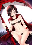  areola_slip areolae bikini fur go-it looking_at_viewer navel ruby_rose rwby scythe short_hair sitting solo swimsuit weapon 