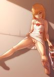  1girl against_wall bakemonogatari bandaid bandaid_on_pussy barefoot blonde_hair doughnut dress_lift fang flat_chest john_doe light looking_at_viewer monogatari_(series) no_panties oshino_shinobu shadow short_dress sitting smile soles solo spread_legs yellow_eyes 