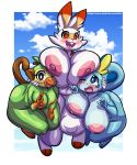  2019 anthro anthrofied areola belly big_breasts big_butt biped blue_eyes blush breasts butt deep_navel digital_media_(artwork) fabianoferreira female grookey group huge_breasts looking_at_viewer navel nintendo nipples nude open_mouth open_smile orange_eyes pok&eacute;mon pok&eacute;mon_(species) pok&eacute;morph pussy scorbunny slightly_chubby smile sobble teeth thick_thighs tongue video_games voluptuous wide_hips 