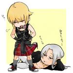  2boys blonde_hair blush brad_wong chibi dead_or_alive dead_or_alive_5 eliot_(doa) fingerless_gloves gloves grey_hair hachuurui hands_on_hips headphones laying long_hair multiple_boys plaid_skirt ponytail skirt skirt_pull socks 