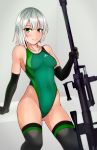  1girl aiuchi bangs black_gloves black_legwear commentary_request competition_swimsuit elbow_gloves girls_frontline gloves gluteal_fold green_eyes green_swimsuit gun hair_between_eyes highleg highleg_swimsuit highres js05_(girls_frontline) looking_at_viewer object_namesake one-piece_swimsuit rifle short_hair silver_hair sniper_rifle sniper_scope solo swimsuit thighhighs tsurime weapon 