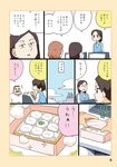  3girls cloud comic facial_hair food glasses hige_habahiro machida_(ojimashu) marshmallow mukai_(ojimashu) multiple_girls mustache office_lady ojisan_to_marshmallow otoi_rekomaru page_number ponytail simple_background sparkle sweat sweatdrop toast translated wakabayashi_iori 