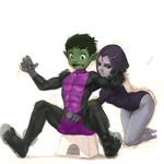  1boy 1girl abs beast_boy_(dc) bodysuit couple dc_comics forehead_jewel green_skin grey_skin groping kneeling leotard muscle nachtmahr pointy_ears purple_hair raven_(dc) short_hair sitting spread_legs teen_titans toned 