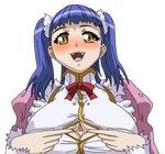  black_background blue_hair blush breasts chuiru cum fangs gravion large_breasts long_hair maid open_mouth smile tulie twintails yellow_eyes 