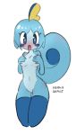  blue_cheeks blue_eyes blue_hair blush breasts covering covering_breasts female hair krishadraws mostly_nude navel nintendo pok&eacute;mon pok&eacute;mon_(species) rosy_cheeks simple_background sobble solo video_games white_background white_pupils 