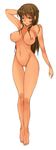  1girl artist_request barefoot beauty_spot breasts brown_hair dark_skin feet hand_on_head long_hair nipples nude simple_background smile solo white_background 