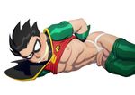  1boy abs black_hair cape gloves looking_at_viewer male_focus mask muscle pecs restrained robin_(dc) short_hair solo szadek tagme tape teen_titans underwear undressing 