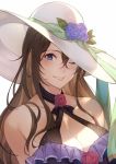  1girl bangs bare_shoulders bikini blue_eyes blush breasts brown_hair cleavage collarbone criss-cross_halter flower frilled_bikini frills granblue_fantasy hair_between_eyes hair_ornament halterneck hat hat_flower highres kakage large_breasts long_hair looking_at_viewer one_eye_closed parted_lips purple_eyes red_flower red_rose rose rosetta_(granblue_fantasy) sidelocks simple_background smile solo sun_hat swimsuit upper_body very_long_hair white_background 