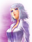  1girl blue_eyes breasts lips open_mouth purple_background refill_sage short_hair silver_hair tales_of_(series) tales_of_symphonia 