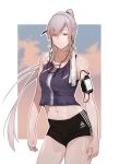 1girl ak-12_(girls_frontline) bangs black_shorts braid breasts cellphone cellphone_strap closed_mouth collarbone commentary_request earphones eyebrows_visible_through_hair french_braid girls_frontline highres huqu long_hair looking_at_viewer medium_breasts midriff navel one_eye_closed phone ponytail purple_eyes ribbon short_shorts shorts sidelocks silver_hair smartphone smile solo sportswear sweat towel very_long_hair 