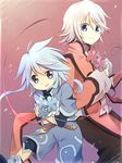  1boy 1girl artist_request blue_eyes blush brother_and_sister capelet coat flower genius_sage grey_hair open_mouth pants refill_sage shoes short_hair shorts siblings silver_hair tales_of_(series) tales_of_symphonia 