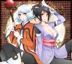  2girls black_hair blue_eyes blush bra breasts brown_eyes capelet cleavage coat japanese_clothes multiple_girls open_mouth pants ponytail refill_sage sheena_fujibayashi shoes short_hair silver_hair smile tales_of_(series) tales_of_symphonia underwear 