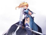  1girl bangs belt blonde_hair blue_background blue_bodysuit blue_eyes bodysuit breasts center_opening cleavage closed_mouth coat commentary_request cowboy_shot cross-laced_clothes gloves hair_ribbon holding holding_sword holding_weapon kageshio_(276006) large_breasts looking_at_viewer open_clothes open_coat ribbon shinganji_kurenai shiny shiny_skin short_twintails solo standing sword taimanin_(series) taimanin_kurenai thighhighs trench_coat twintails underbust weapon 