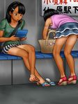  2girls artist_request bent_over cameltoe multiple_girls outside panties sandals sitting skirt tan_skin underwear upskirt 