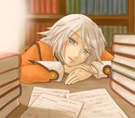  1girl blue_eyes book capelet coat looking_at_viewer refill_sage short_hair smile tales_of_(series) tales_of_symphonia white_hair 
