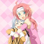  1boy 1girl bare_shoulders blue_eyes blush capelet coat elbow_gloves eyes_closed gloves headband long_hair open_mouth pants red_hair refill_sage short_hair silver_hair tales_of_(series) tales_of_symphonia zelos_wilder 