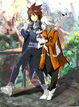  1boy 1girl belt brown_hair cape capelet coat eyes_closed gloves kratos_aurion pants refill_sage shoes short_hair silver_hair tales_of_(series) tales_of_symphonia 