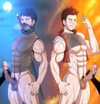  2boys abs bara bottomless cum handjob male_focus multiple_boys muscle nipples pecs penis size_difference steam sweat testicles toto_(artist) uncensored wince yaoi 