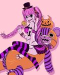  1girl breasts candy halloween long_hair one_piece perona pink_hair pumpkin pupupu stitches striped striped_legwear top_hat twintails 