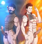  2boys abs bara bottomless cum male_focus multiple_boys muscle nipples pecs penis size_difference steam sweat testicles toto_(artist) yaoi 