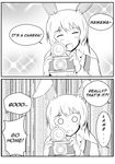  2koma absurdres aikiyun animal_ears bunny_ears camera comic english greyscale highres long_hair monochrome rwby solid_circle_eyes velvet_scarlatina 