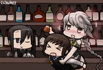  &gt;_&lt; 3girls :d alcohol bar bartender black_hair blush bottle braid brown_hair closed_eyes comic commentary dated drooling drunk flying_sweatdrops fubuki_(kantai_collection) hamu_koutarou kantai_collection long_hair multiple_girls nachi_(kantai_collection) necktie nose_blush one_eye_closed open_mouth side_ponytail silver_hair smile sparkle towel unryuu_(kantai_collection) very_long_hair vest wiping 