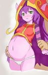  1girl animal_ears bad_id blush clothes_lift green_eyes hand_on_another&#039;s_stomach hand_on_another's_stomach hat league_of_legends lulu_(league_of_legends) navel panties pregnant purple_hair purple_skin standing underwear yordle 