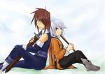  1girl bare_shoulders belt blue_eyes brown_hair capelet coat elbow_gloves fingerless_gloves gloves pants red_eyes refill_sage shoes short_hair silver_hair staff sword tales_of_(series) tales_of_symphonia weapon 