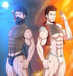  2boys abs bara bulge male_focus multiple_boys muscle nipples pecs sweat toto_(artist) underwear yaoi 