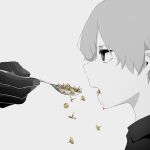  1boy avogado6 black_eyes black_gloves bleeding blood from_side gloves holding holding_spoon looking_at_another looking_away male_focus original partially_colored profile simple_background solo_focus spoon tears thumbtack white_background 