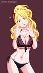  1girl bikini blonde_hair blush breasts cleavage fairy_tail female hair_ornament jenny_realight large_breasts long_hair looking_at_viewer navel open_mouth solo swimsuit tongue tongue_out yellow_eyes 