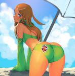  adapted_costume all_fours alternate_costume ass back bandeau bare_shoulders beach beach_umbrella bikini blue_sky blush brown_hair closed_mouth cloud day eyebrows eyebrows_visible_through_hair eyelashes from_behind gloves green_bikini green_eyes green_gloves headphones headphones_around_neck konami_kirie ktktktktkkt long_hair looking_at_viewer ocean outdoors sand shadow skin_tight sky solo strapless swimsuit tan umbrella world_trigger 