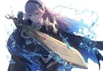  1girl alternate_costume armor cape fire_emblem fire_emblem_if hairband kachiino kamui_(fire_emblem) looking_at_viewer my_unit_(fire_emblem_if) pointy_ears red_eyes smile solo sword upper_body water 