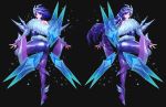  2girls absurdres ass black_background blue_hair drogod dual_persona floating_swords frostblade_irelia highres irelia league_of_legends leg_lift long_hair looking_at_viewer looking_back multiple_girls purple_eyes short_hair simple_background skin_tight tagme 
