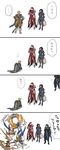  4koma armor axe black_hair blonde_hair brown_hair comic crossed_arms granblue_fantasy highres lancelot_(granblue_fantasy) long_hair motion_lines multiple_boys pauldrons percival_(granblue_fantasy) red_hair short_hair siegfried_(granblue_fantasy) simple_background translated vane_(granblue_fantasy) weapon white_background zinnkousai3850 