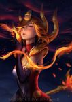  1girl black_gloves breasts cleavage doubled67 elbow_gloves elementalist_lux embers eyelashes fire fire_elementalist_lux gloves league_of_legends looking_at_viewer luxanna_crownguard medium_breasts orange_hair red_eyes sky staff star_(sky) starry_sky tagme 